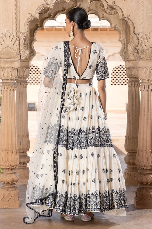 Black and White Ambi Lehenga with Embroidered Dupatta