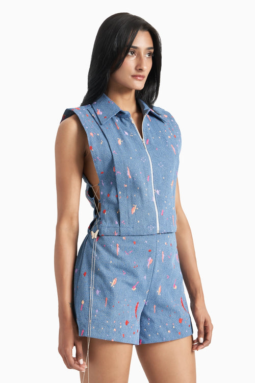 Blue Denim Embroidered Pleated Collared Bib And Shorts Set