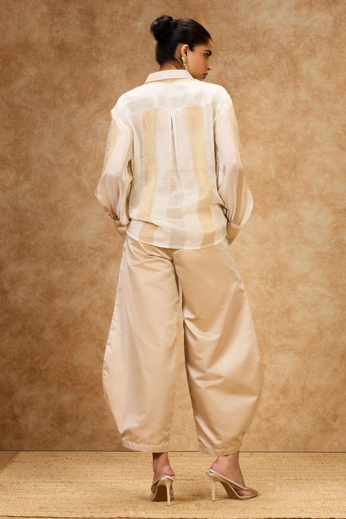 Ivory Gold Striped Shirt And Pants Set