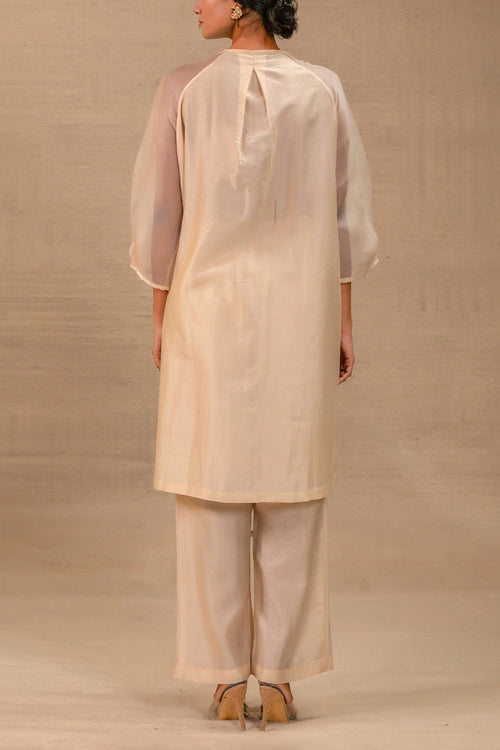 Eeda Ivory Silk Kurta Set With Asymmetrical Patchwork