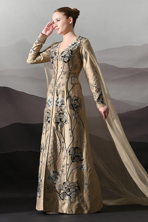 Peach Gown Featuring All-Over Floral Artwork