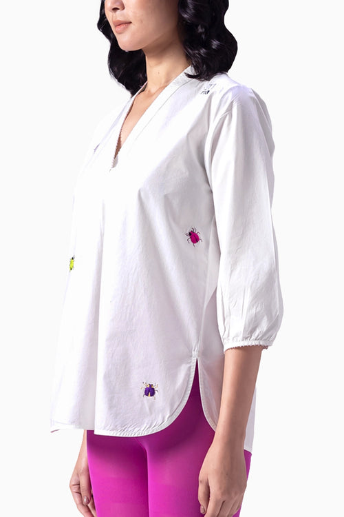 Takashi White Bettle Embroidery Top
