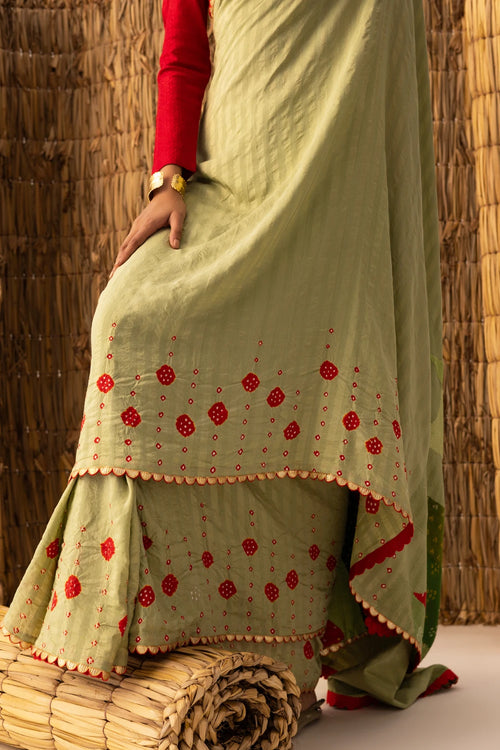 Green Patchwork Bandhani Palla Saree