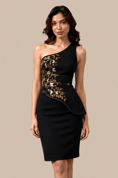 Black and Gold Kohl Single Shoulder Top