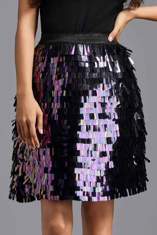Rainbow Sequin Mini Skirt with Dangling Tassels
