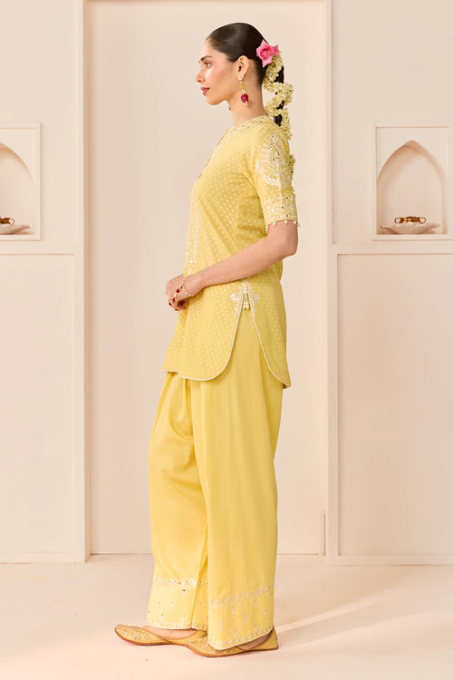 Anaisha Lemon Yellow Short Kurta with Farshi Salwar and Dupatta