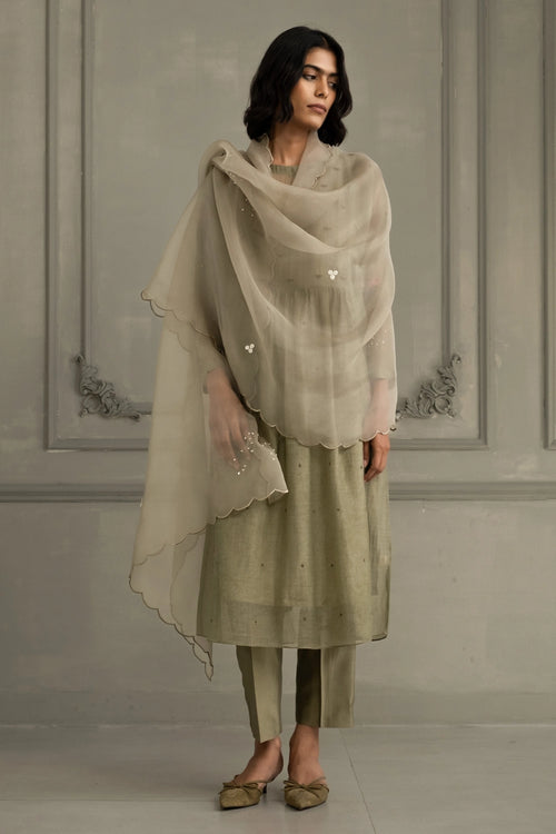 Sage Green Gathered Embroidered Tunic Set