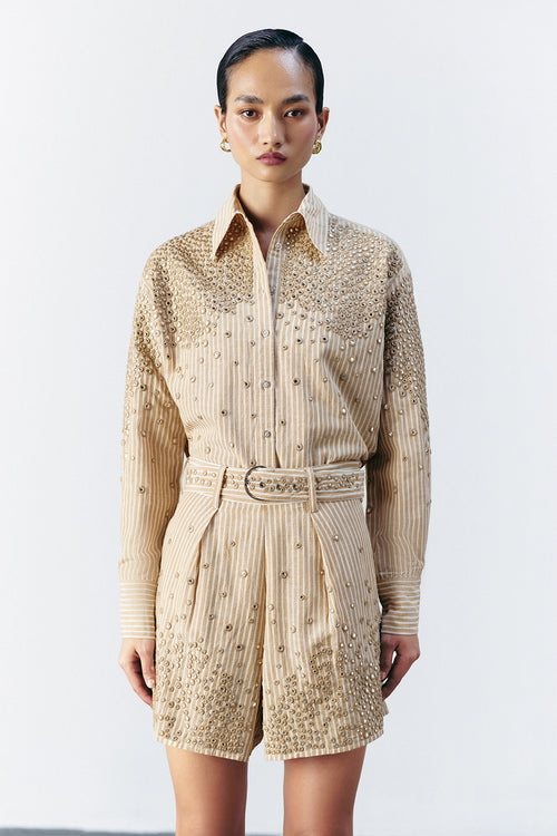 Beige Stripe Mirror Embellished Coord Set