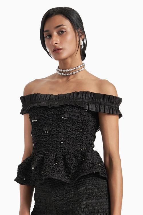 Black Off Shoulder Ruffled Peplum Top