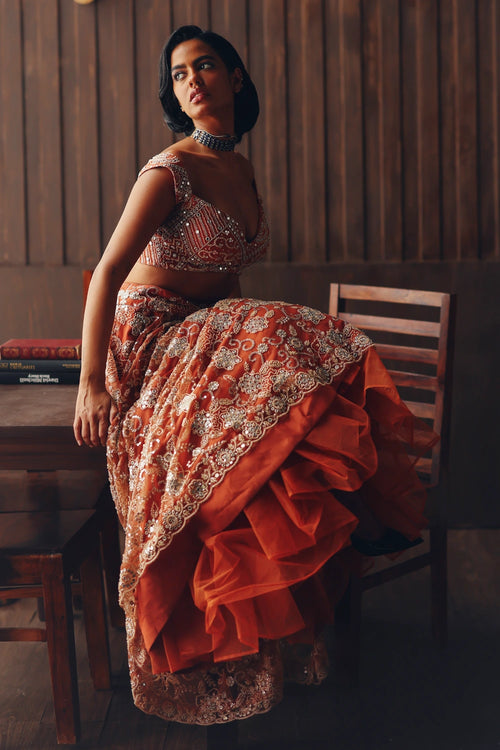 Rust Beaded Blossom Lehenga Set