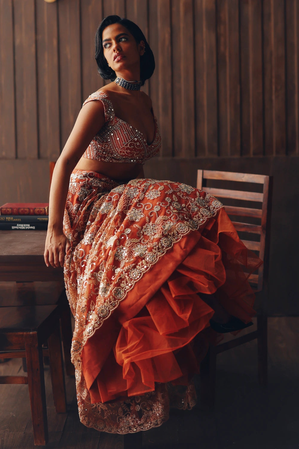 Rust Beaded Blossom Lehenga Set