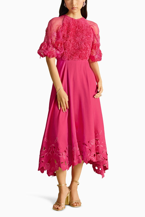 Fuchsia 3D Rose Applique & Cutwork Flounce Dress