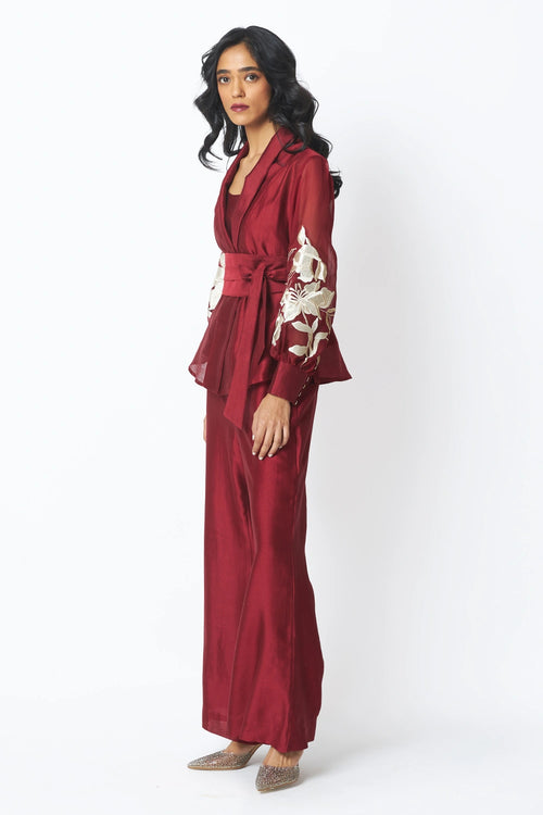 Burgandy Reva Blazer Wrap Top and Wide-Leg Pant