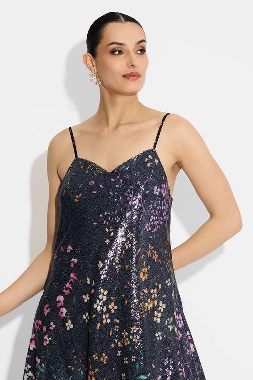 Black Floral Sequin Dress With Black Floral Sequin Cape