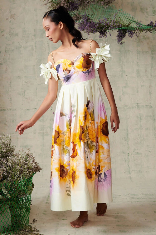 Sunflower Placement Off Shoulder Dress