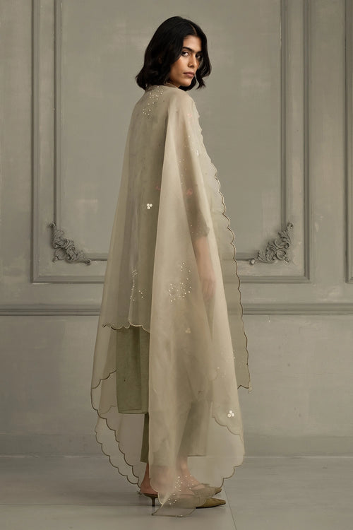 Sage Green Gathered Embroidered Tunic Set