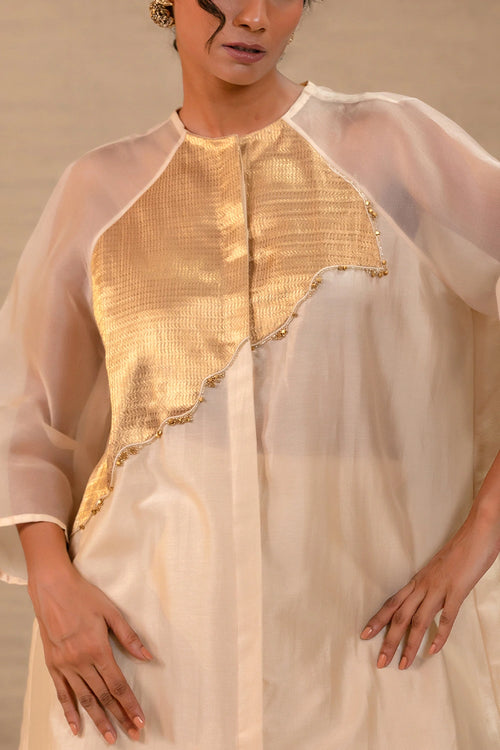 Eeda Ivory Silk Kurta Set With Asymmetrical Patchwork