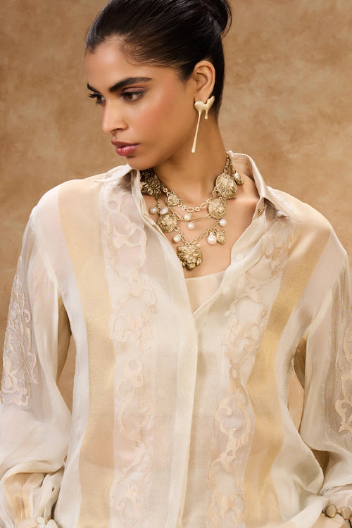 Ivory Gold Striped Shirt And Pants Set