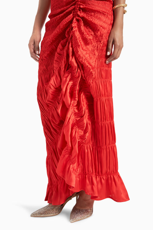 Red V Neck Scale Smocked Side Gathers Dress