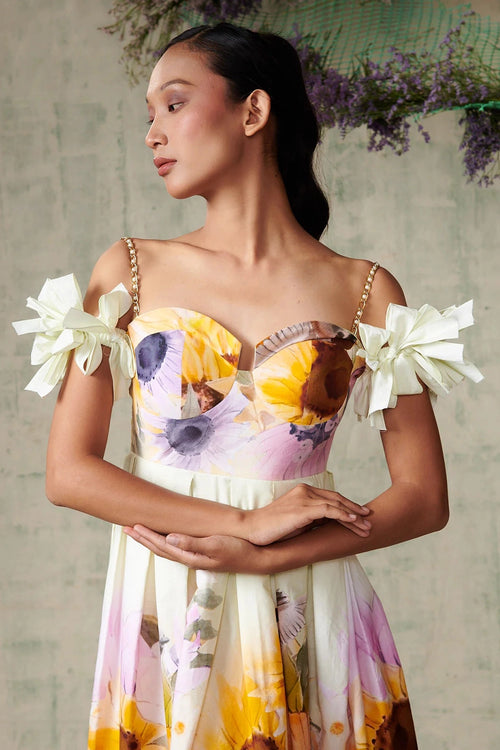 Sunflower Placement Off Shoulder Dress