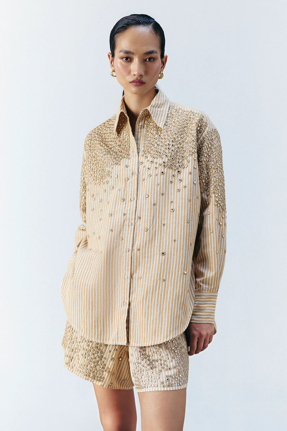 Beige Stripe Mirror Embellished Coord Set