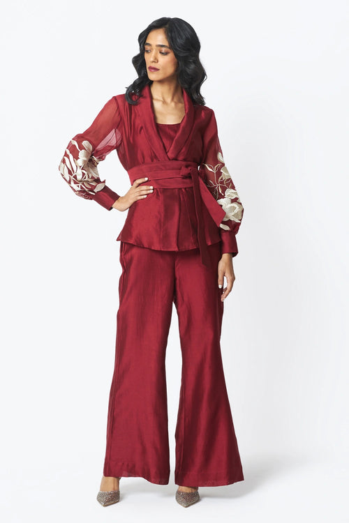 Burgandy Reva Blazer Wrap Top and Wide-Leg Pant