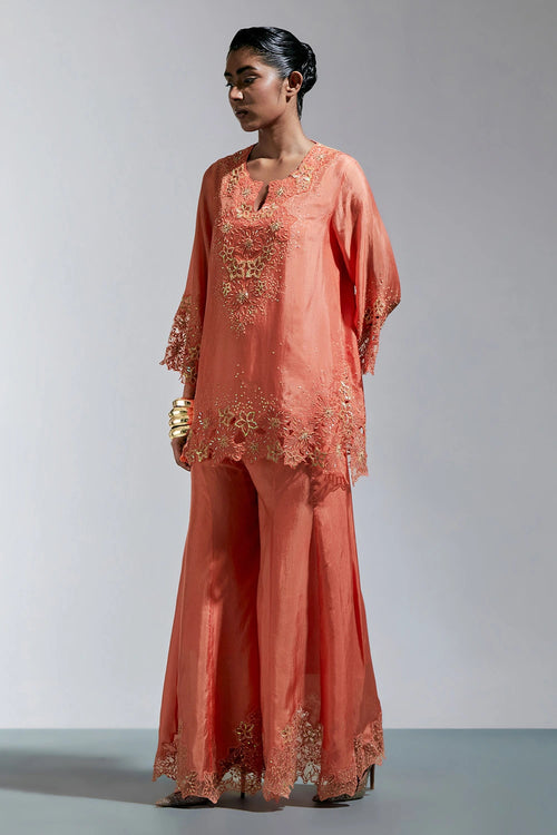 Vermilion Floral Threadwork Silk Sharara Set