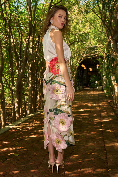 Ivory Satin Halter Top & 3D Floral Midi Skirt