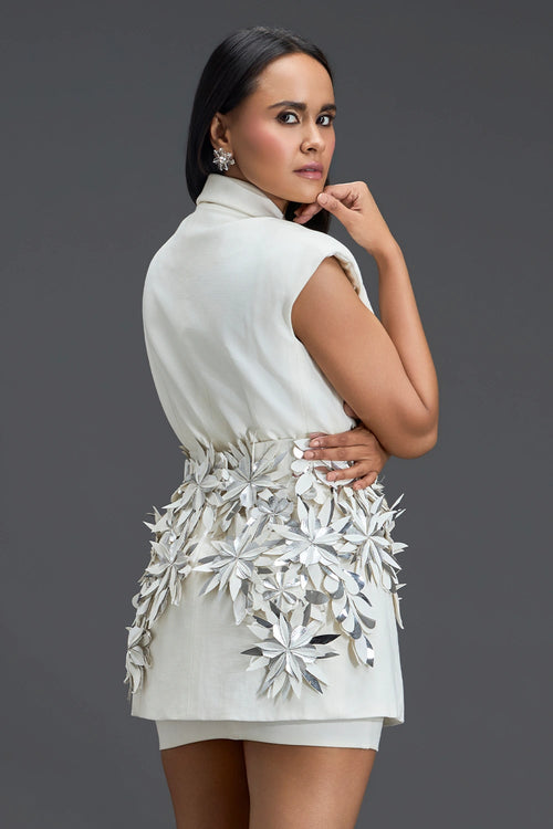 White Blazer and Black Skirt Floral Belt Set