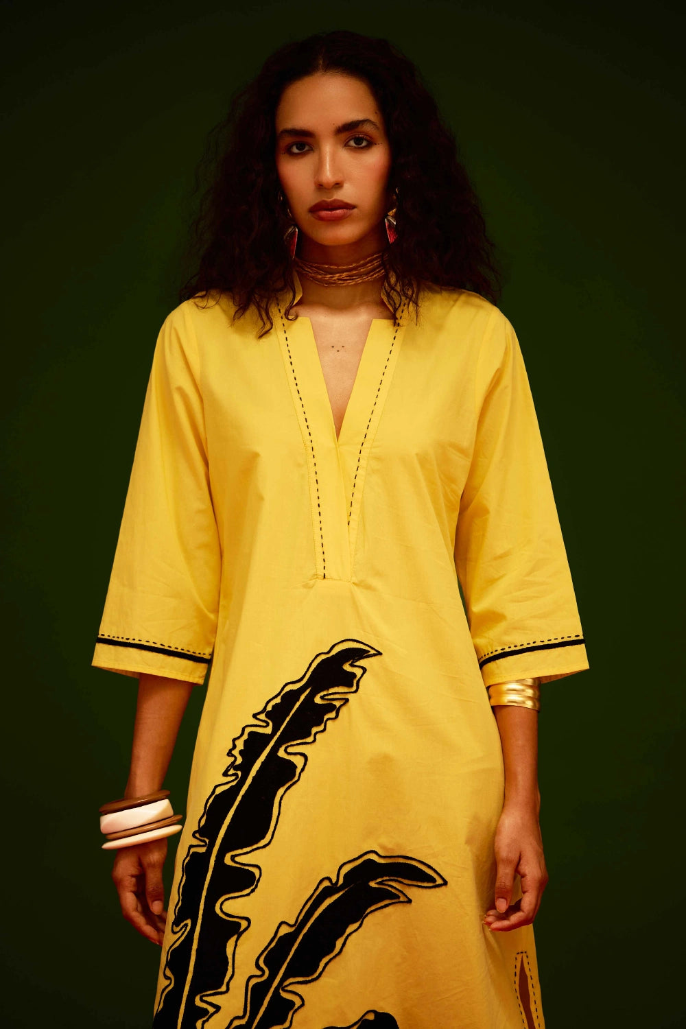 Mango Yellow Leaf Motif Embroidered Dress