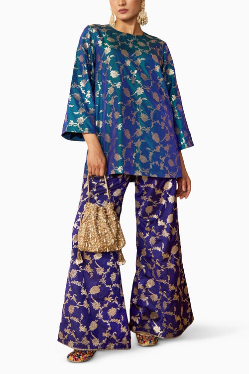 Blue Purple Banarasi Begum Tunic Set