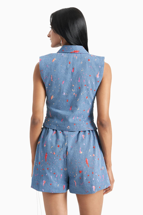 Blue Denim Embroidered Pleated Collared Bib And Shorts Set