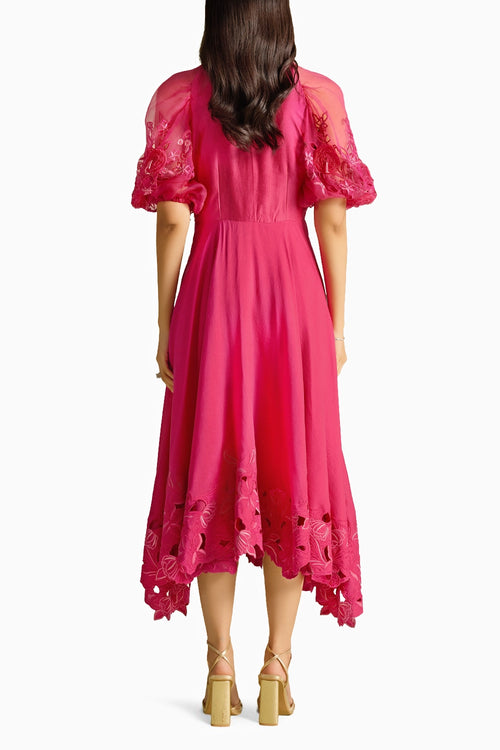 Fuchsia 3D Rose Applique & Cutwork Flounce Dress