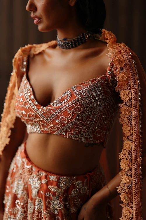 Rust Beaded Blossom Lehenga Set