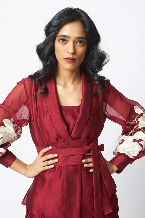 Burgandy Reva Blazer Wrap Top and Wide-Leg Pant