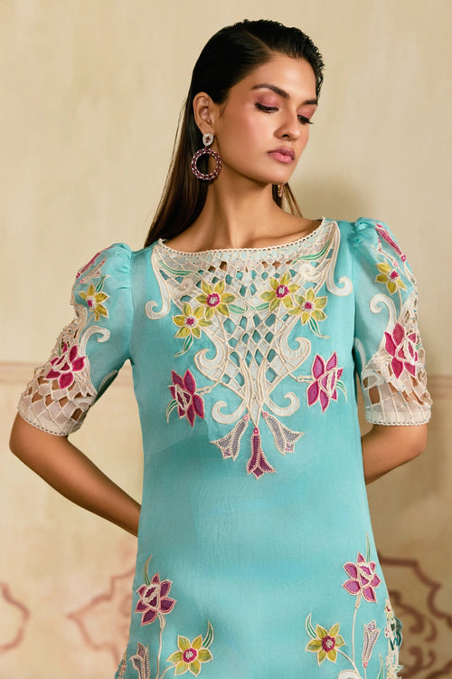 Aqua and Ivory Applique and Cutwork Kurta with Pants