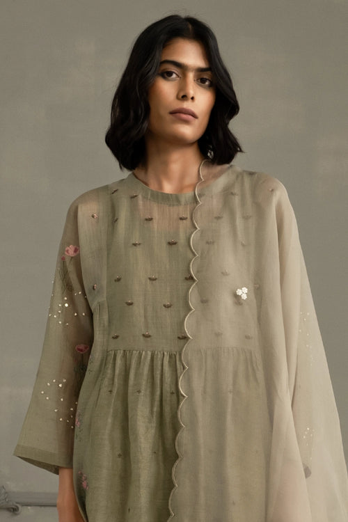 Sage Green Gathered Embroidered Tunic Set