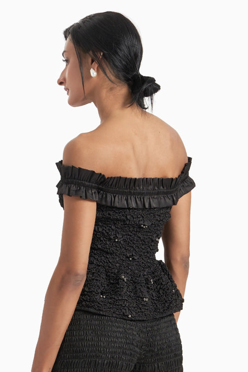 Black Off Shoulder Ruffled Peplum Top