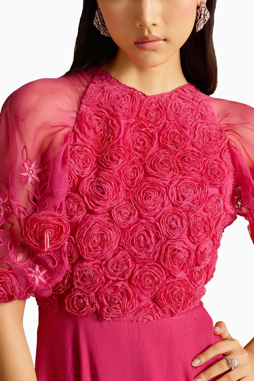 Fuchsia 3D Rose Applique & Cutwork Flounce Dress