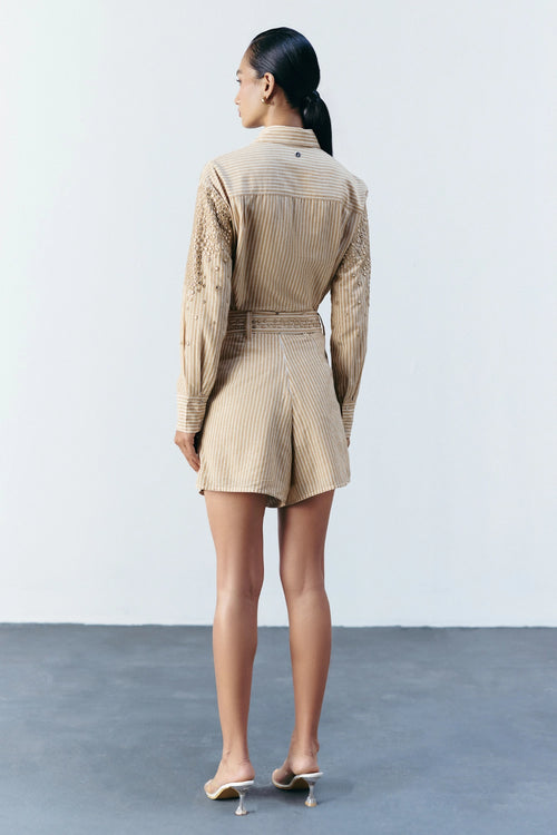Beige Stripe Mirror Embellished Coord Set