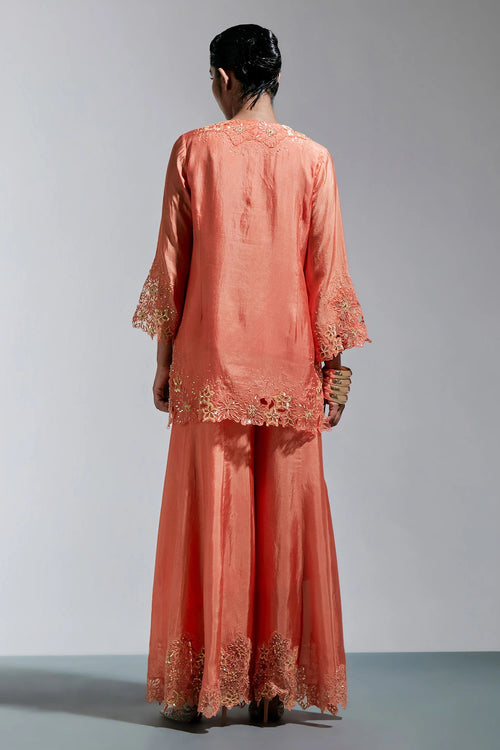 Vermilion Floral Threadwork Silk Sharara Set