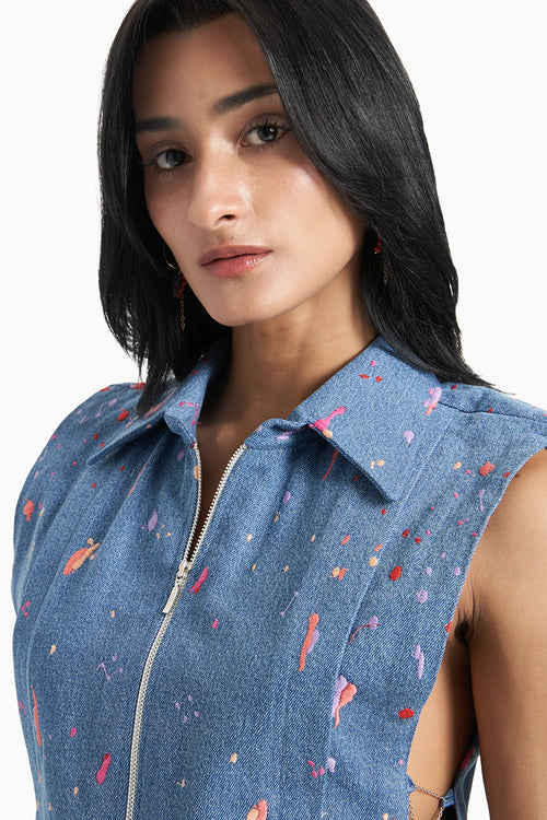 Blue Denim Embroidered Pleated Collared Bib And Shorts Set