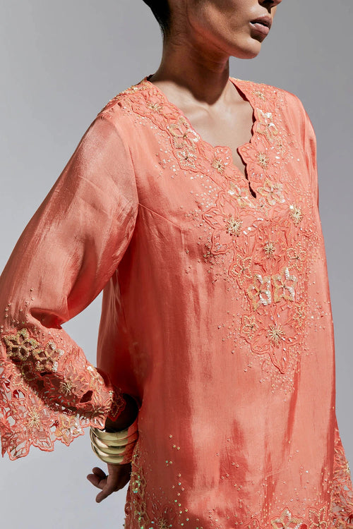 Vermilion Floral Threadwork Silk Sharara Set