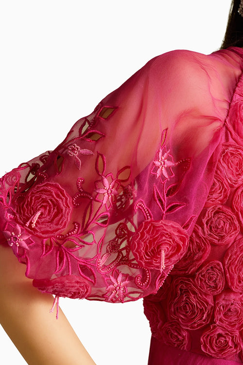 Fuchsia 3D Rose Applique & Cutwork Flounce Dress