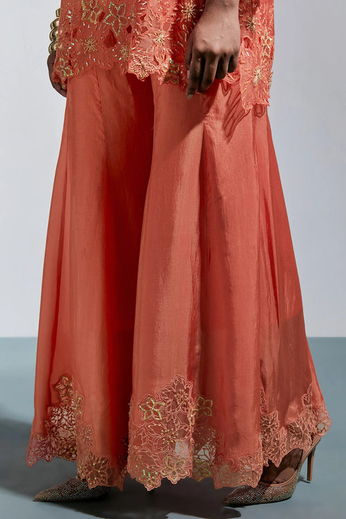 Vermilion Floral Threadwork Silk Sharara Set