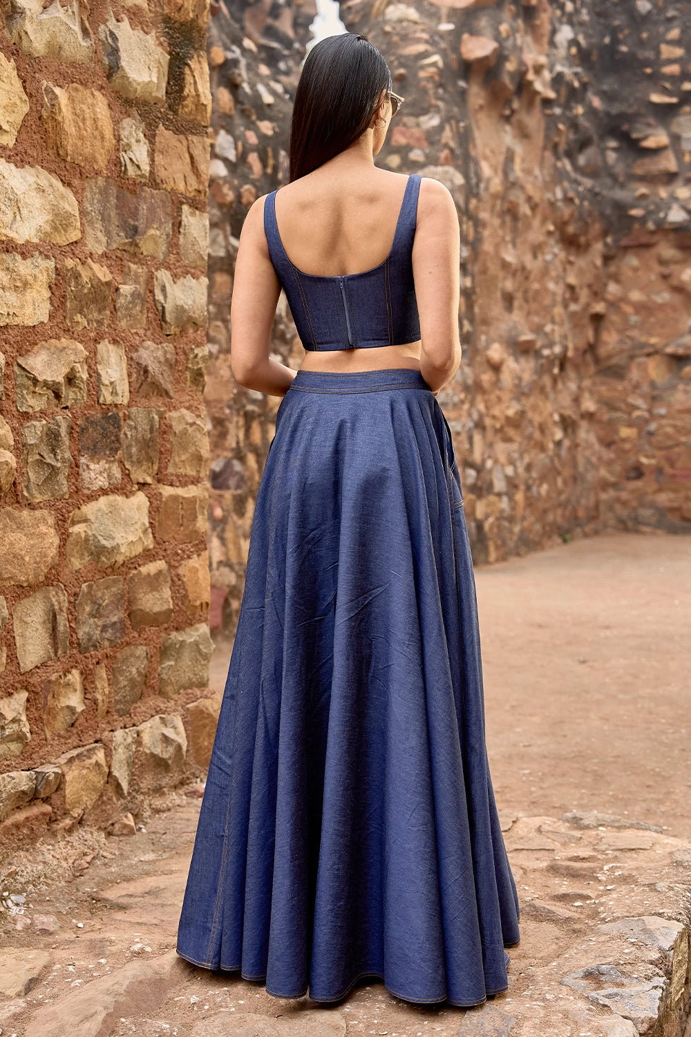 Denim Corset And Maxi Skirt Set