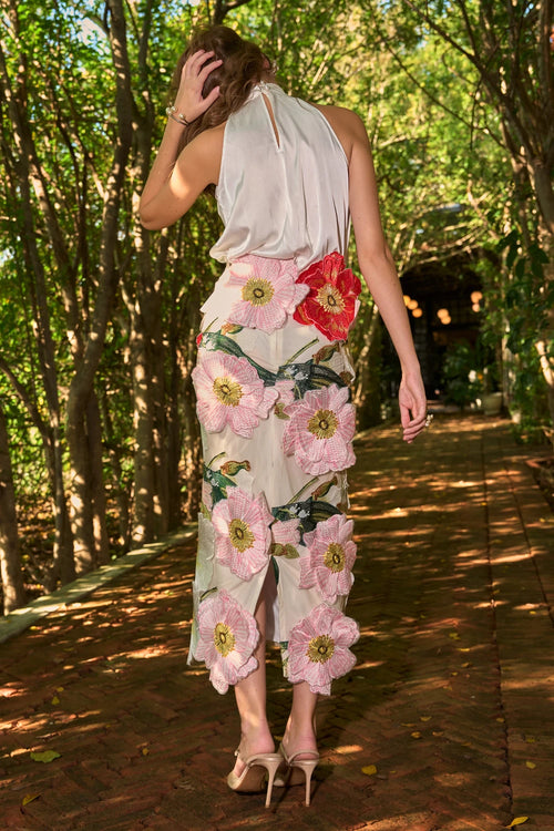 Ivory Satin Halter Top & 3D Floral Midi Skirt
