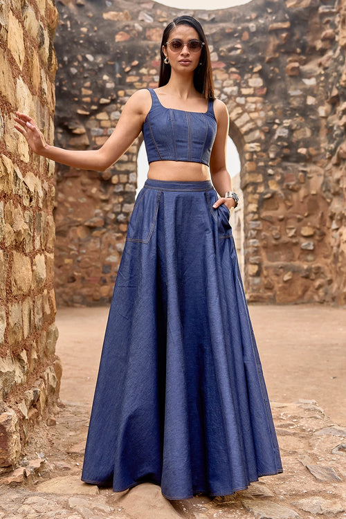 Denim Corset And Maxi Skirt Set