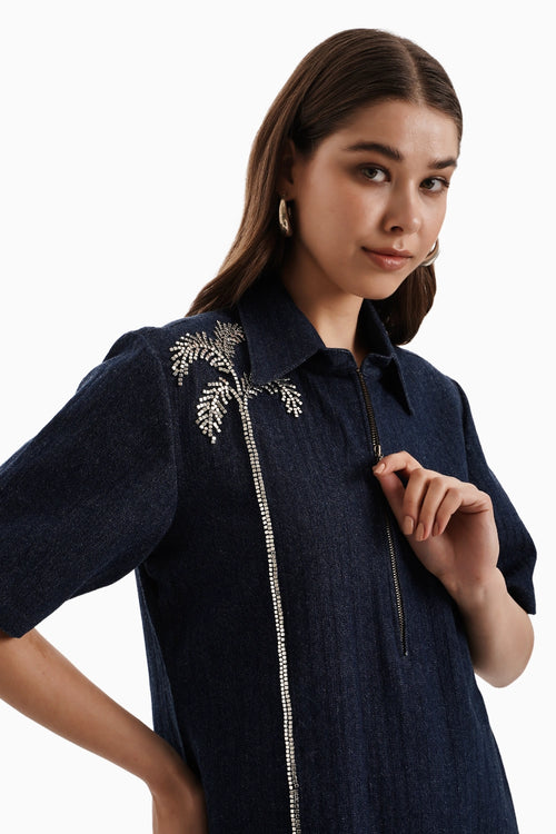 Dark Herringbone Dress with Trees Detailing