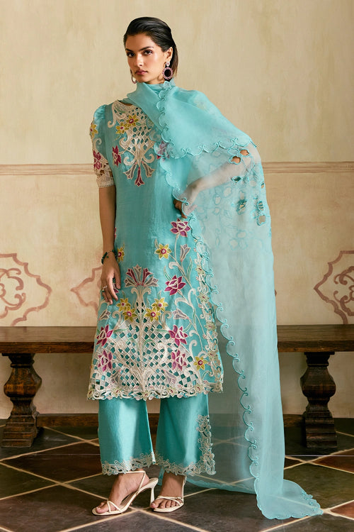Aqua and Ivory Applique and Cutwork Kurta Set with Dupatta